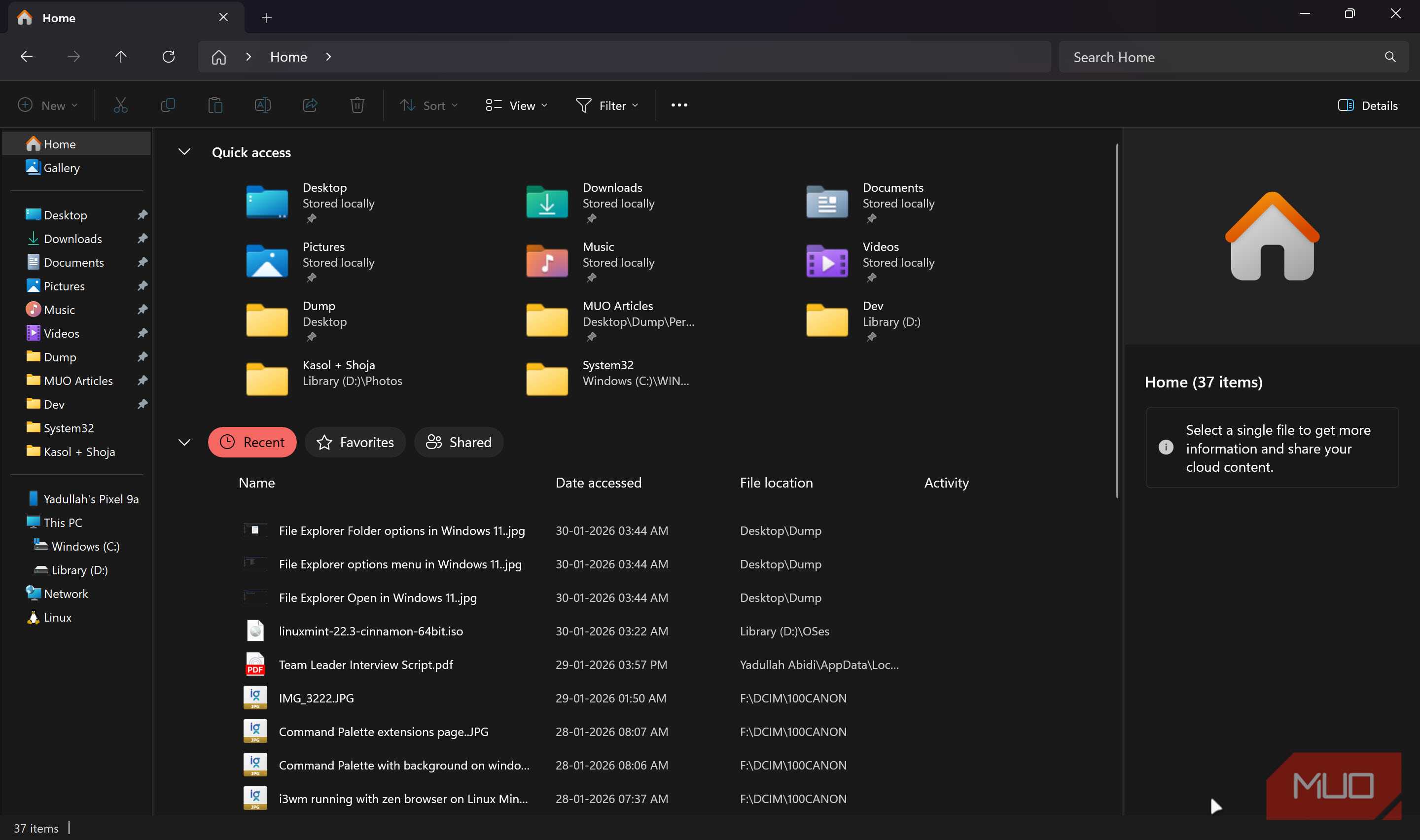 صفحه اصلی File Explorer در ویندوز ۱۱