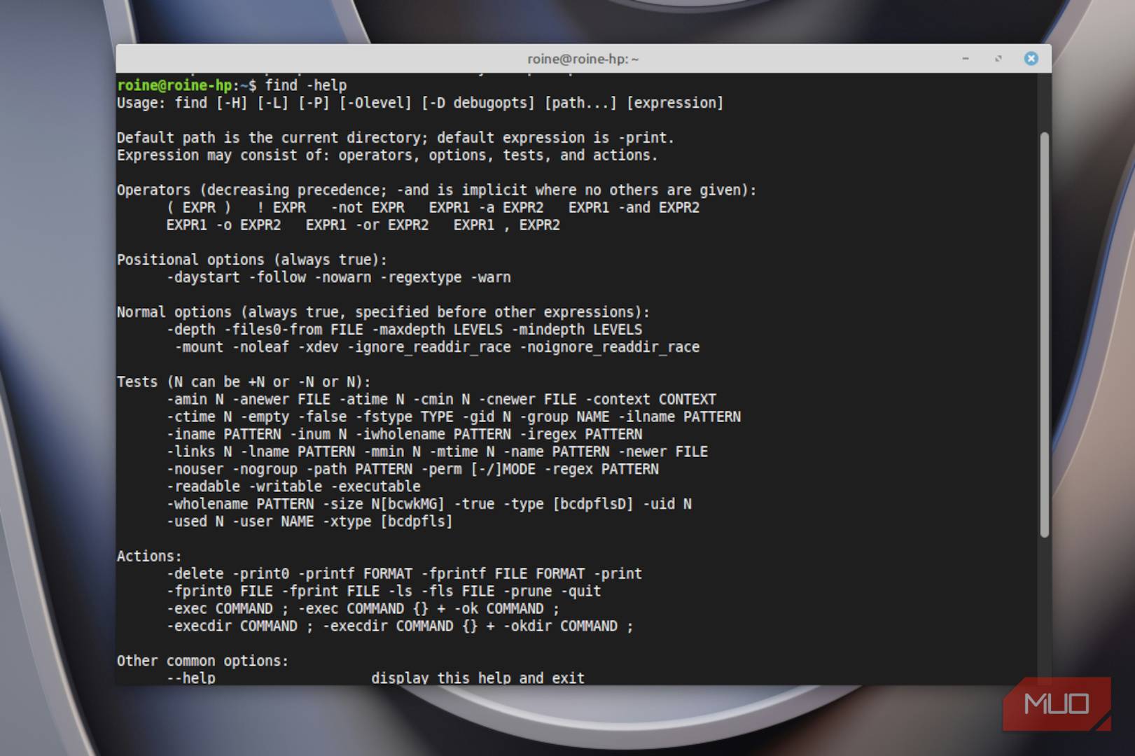 منوی راهنما برای فرمان find