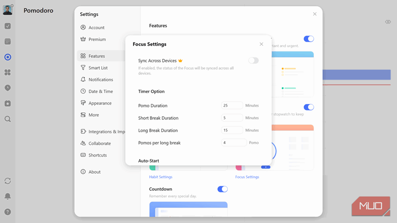 تنظیمات تمرکز در برنامه وب TickTick