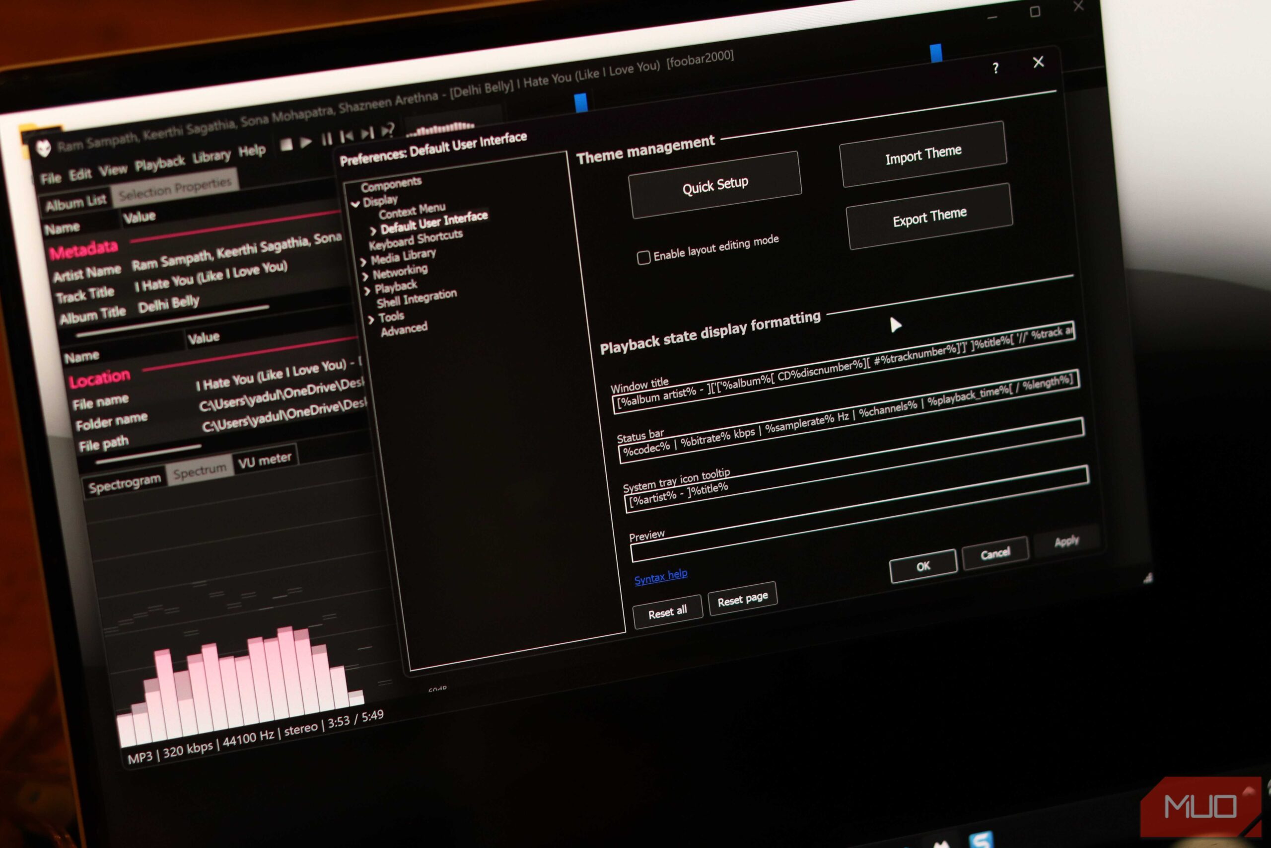صفحه مدیریت تم Foobar2000