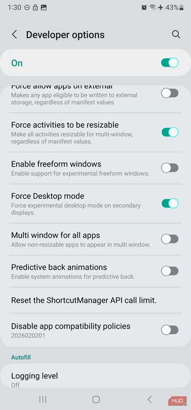 حالت Force Desktop در گزینه‌های توسعه‌دهنده در One UI
