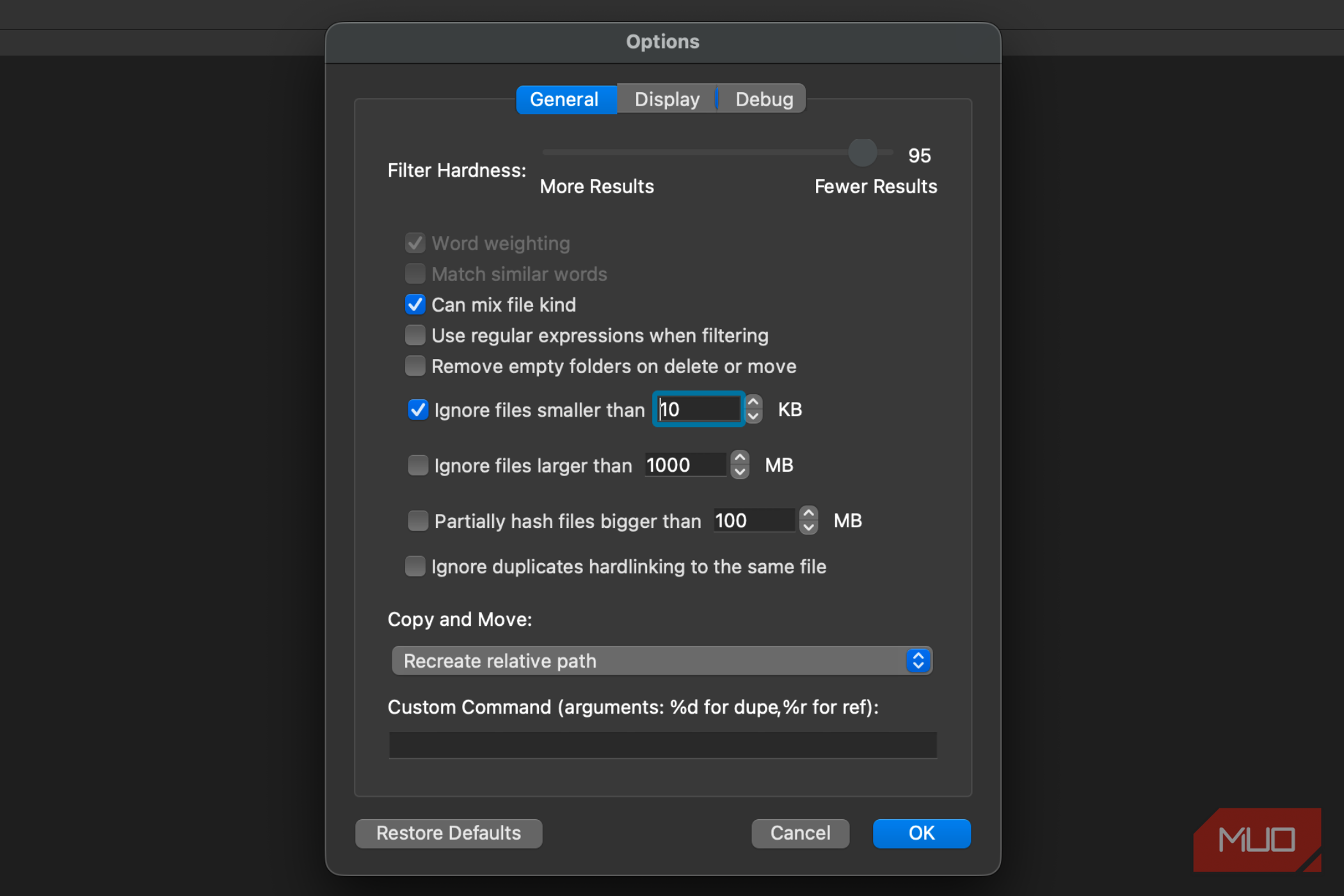 گزینه‌های عمومی برای فیلتر کردن فایل‌ها در dupeGuru