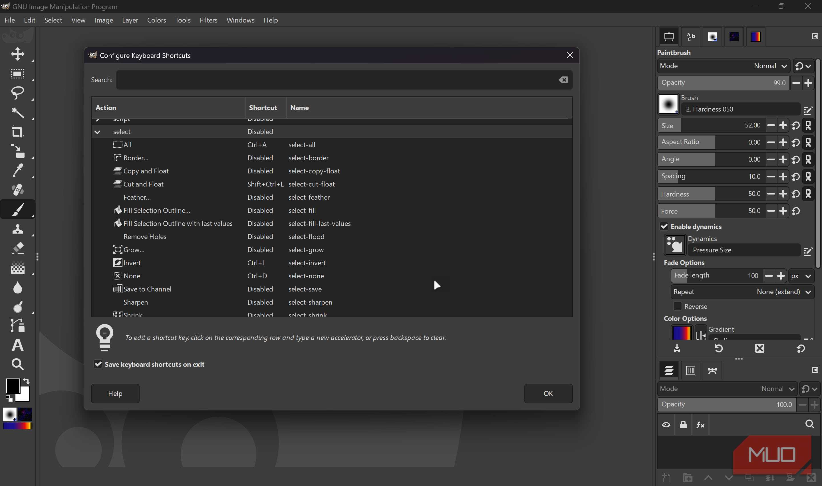 کلیدهای میانبر GIMP