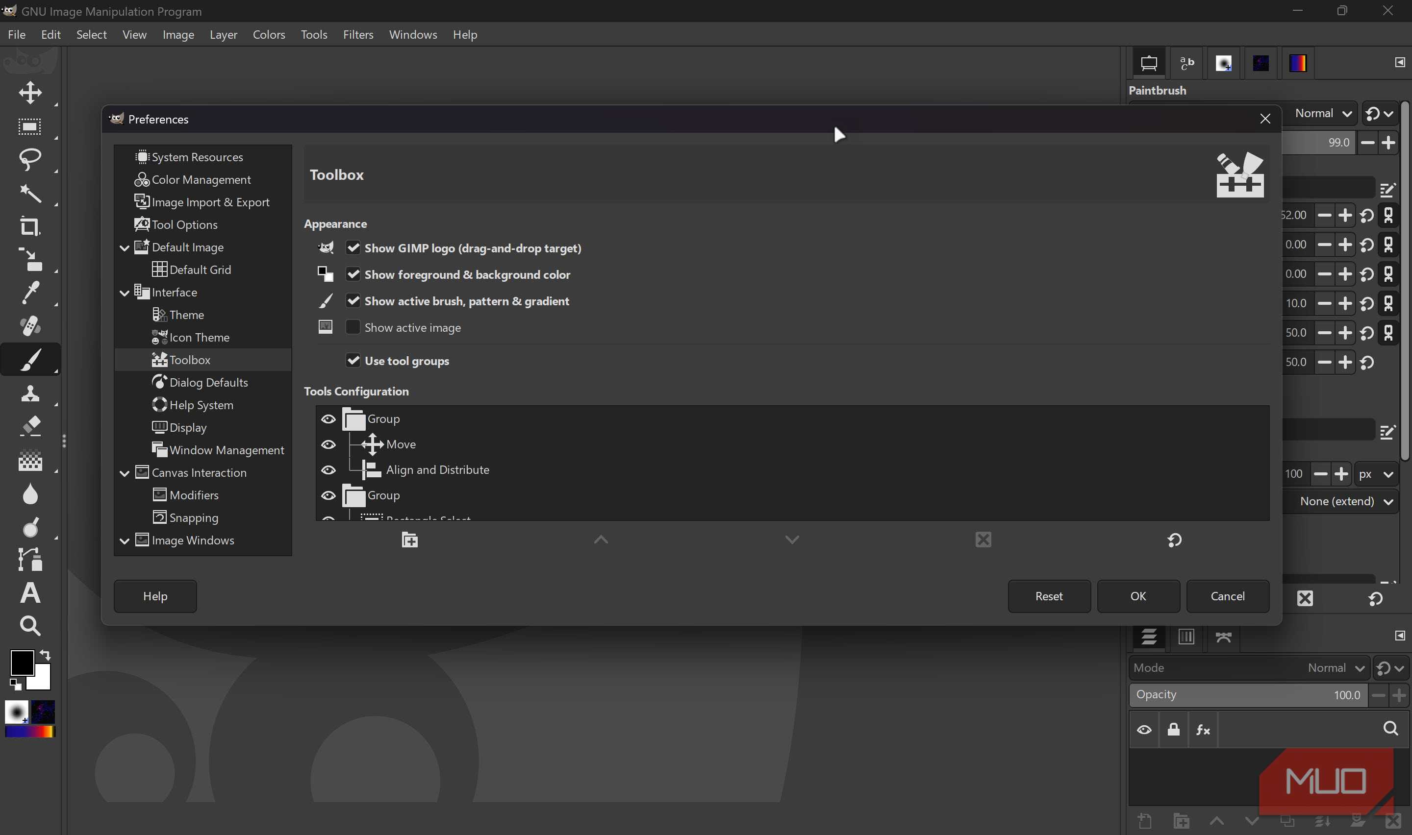 منوی تنظیمات GIMP