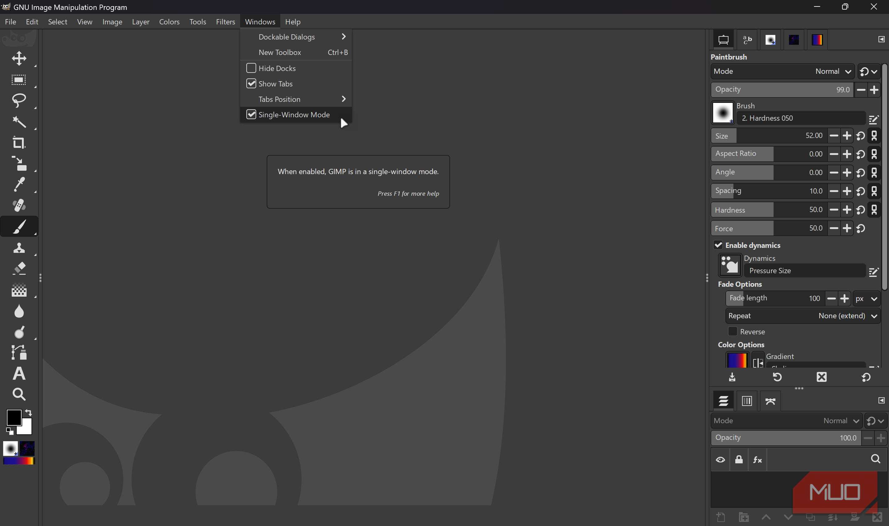 تنظیم حالت پنجرهٔ تک‌یک GIMP