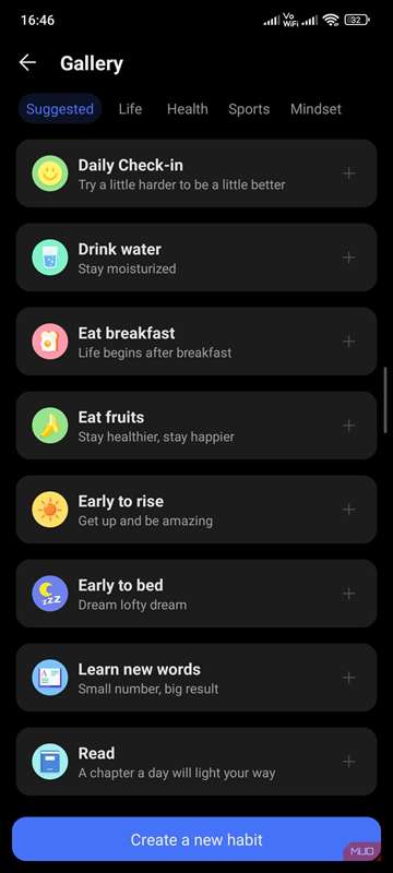 گالری عادات در برنامه TickTick