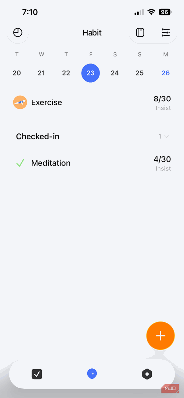 عادت‌ها که در برنامه موبایل TickTick بر روی آیفون ردیابی می‌شوند