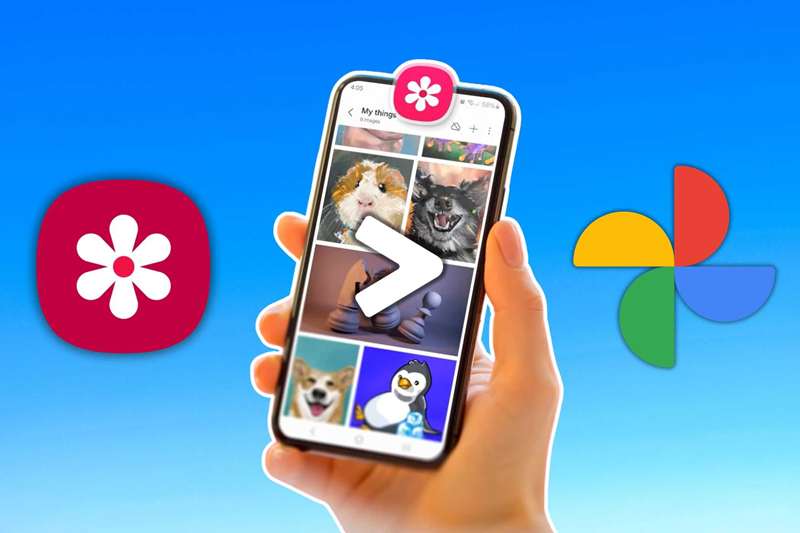 دست نگه‌دارنده تلفن سامسونگ با برنامه Gallery باز و آیکون‌های Google Photos و Gallery در کنار هم