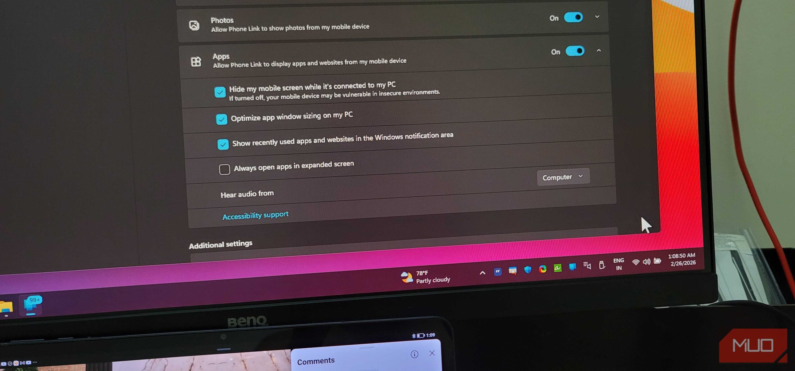 شنیدن صدا از گزینه‌ای که بر روی PC تنظیم شده در Phone Link در ویندوز ۱۱