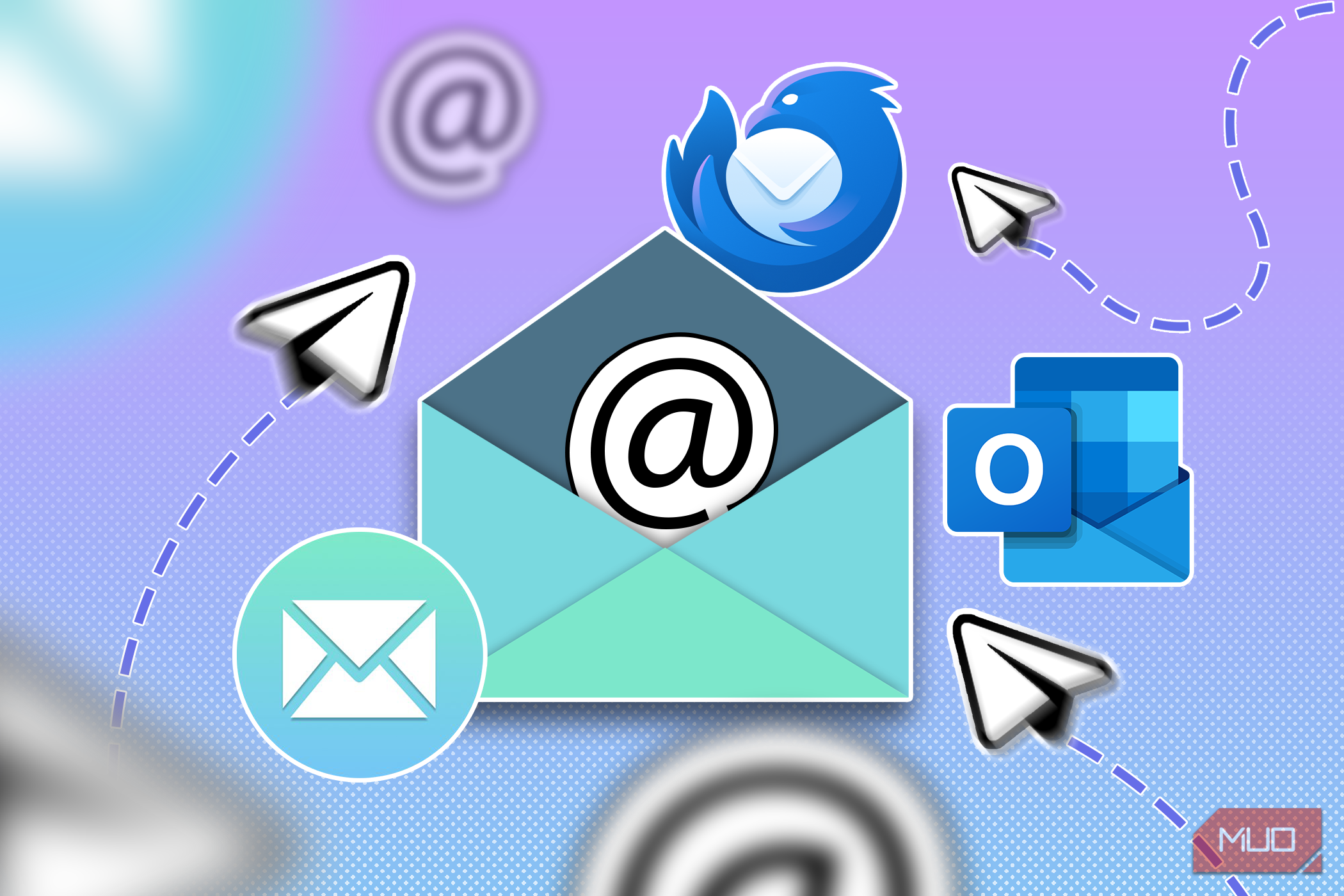 تصویر یک پاکت ایمیل باز که توسط نمادهای هواپیماهای کاغذی و لوگوهای Thunderbird، Microsoft Outlook و Mailspring احاطه شده است.