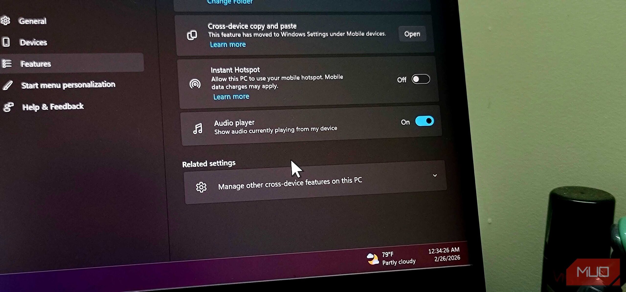 گزینه هات‌اسپات فوری در Phone Link خاموش شده