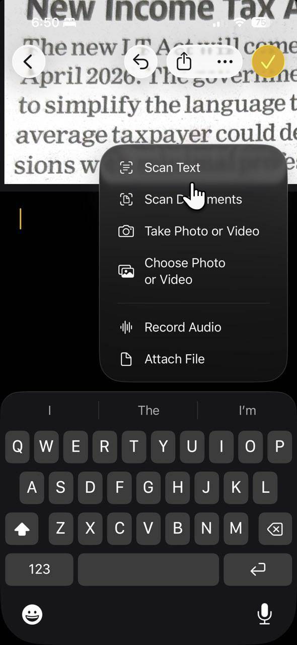 متن را با OCR اسکن کنید به‌جای عکاسی با اسکنر سند در Notes.