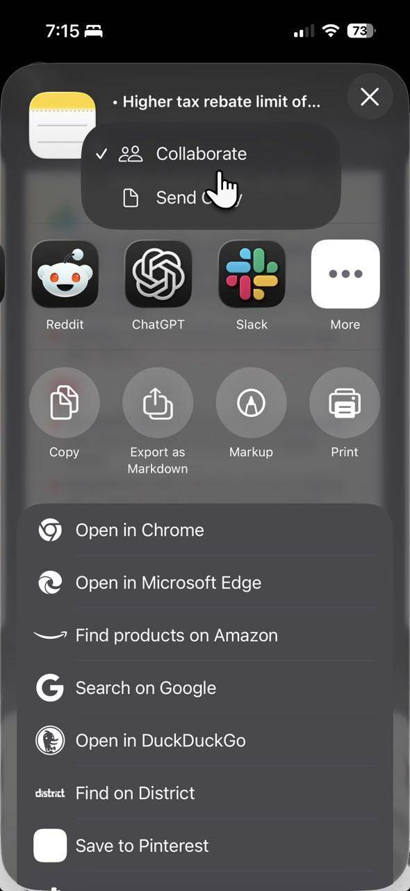 استفاده از گزینه Collaborate از طریق Share در آیفون.
