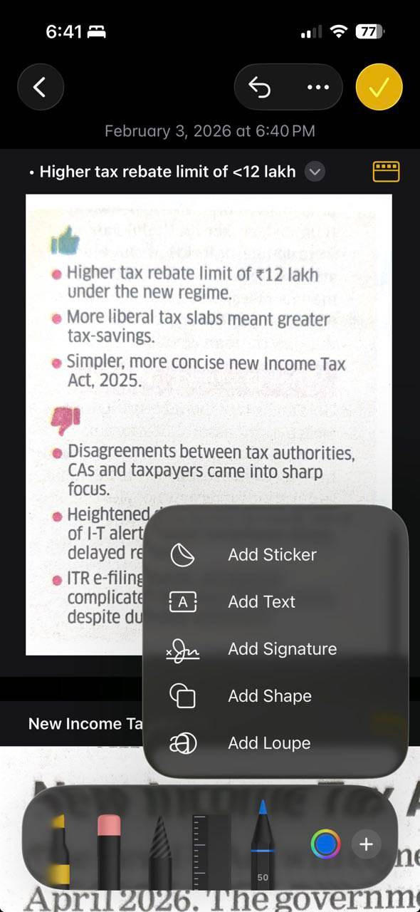 نوار ابزار Markup در Apple Notes.