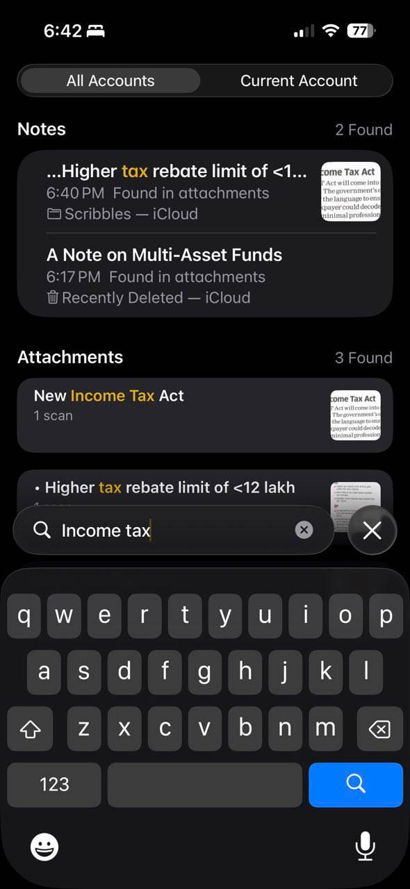 جستجوی یادداشت‌های اسکن‌شده در Apple Notes.