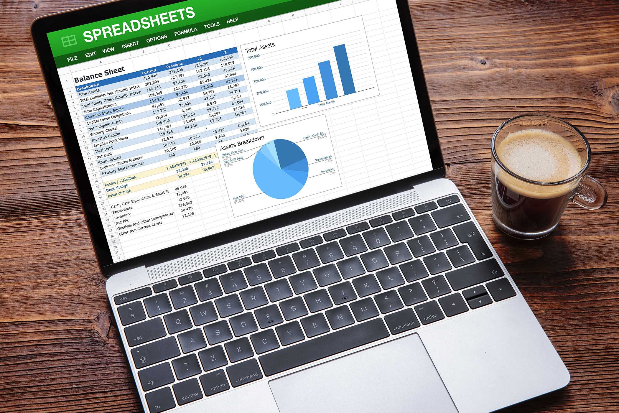 لپ‌تاپ با صفحه‌گسترده نمونه و نمودارها روی صفحه نمایش