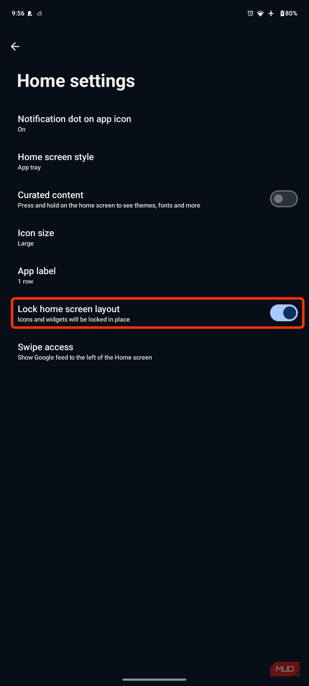 قفل چینش صفحه اصلی در تنظیمات صفحه اصلی