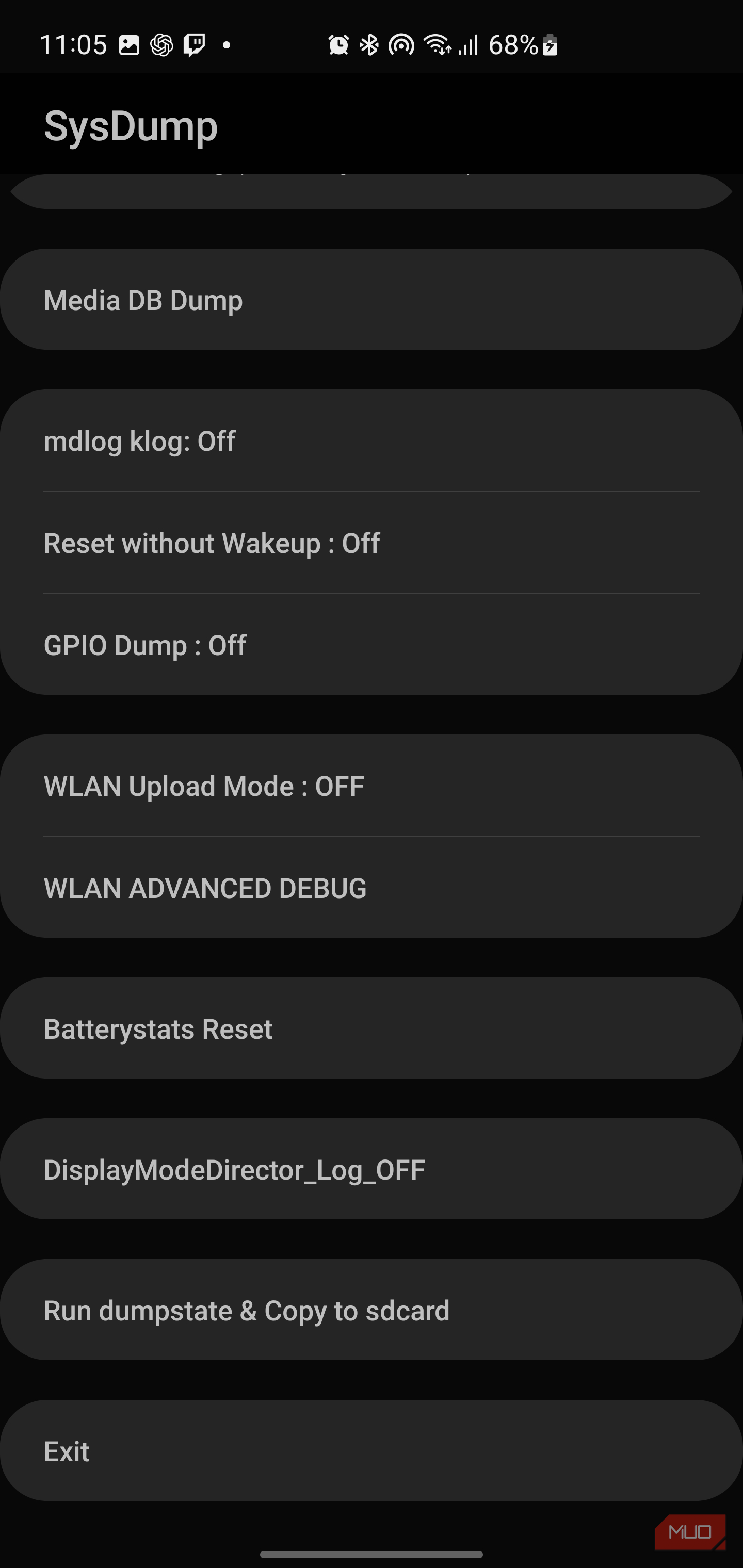 بخش پایین منوی SysDump با گزینه‌های اشکال‌زدایی WLAN و تنظیم مجدد آمار باتری