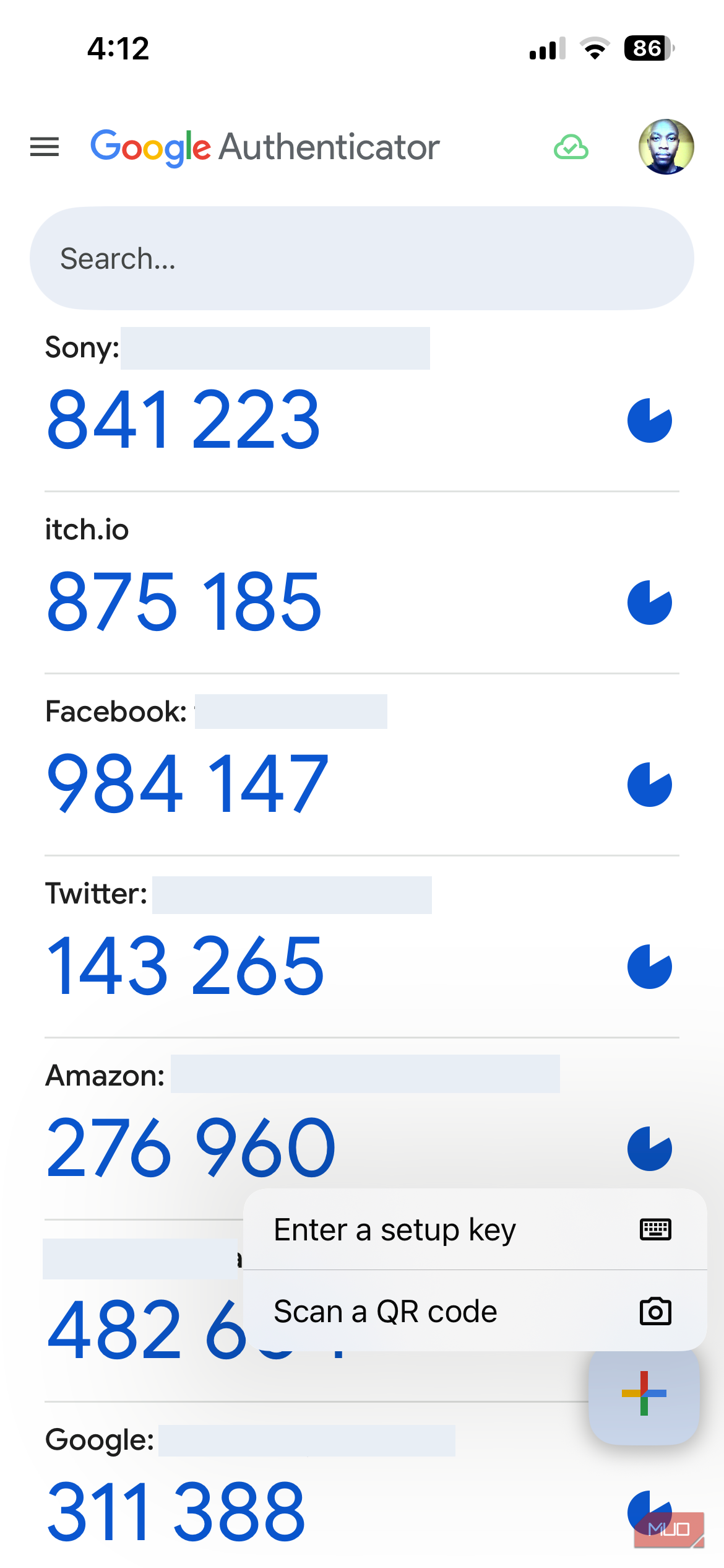 منوی افزودن کلید در Google Authenticator روی iPhone