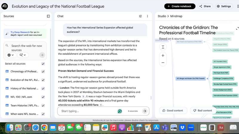 بخش‌های نقشه ذهنی، چت و منابع در NotebookLM