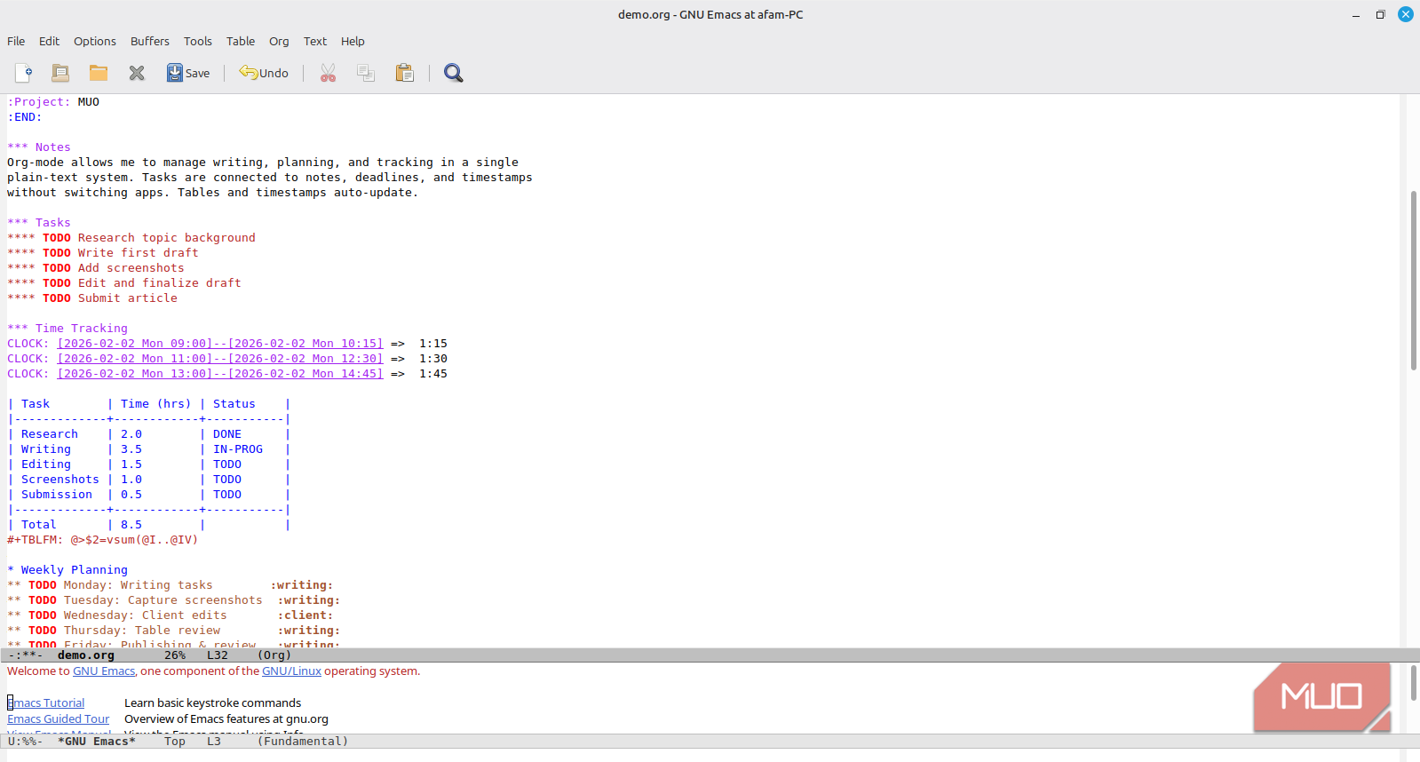 فهرست کارهای من در Emacs