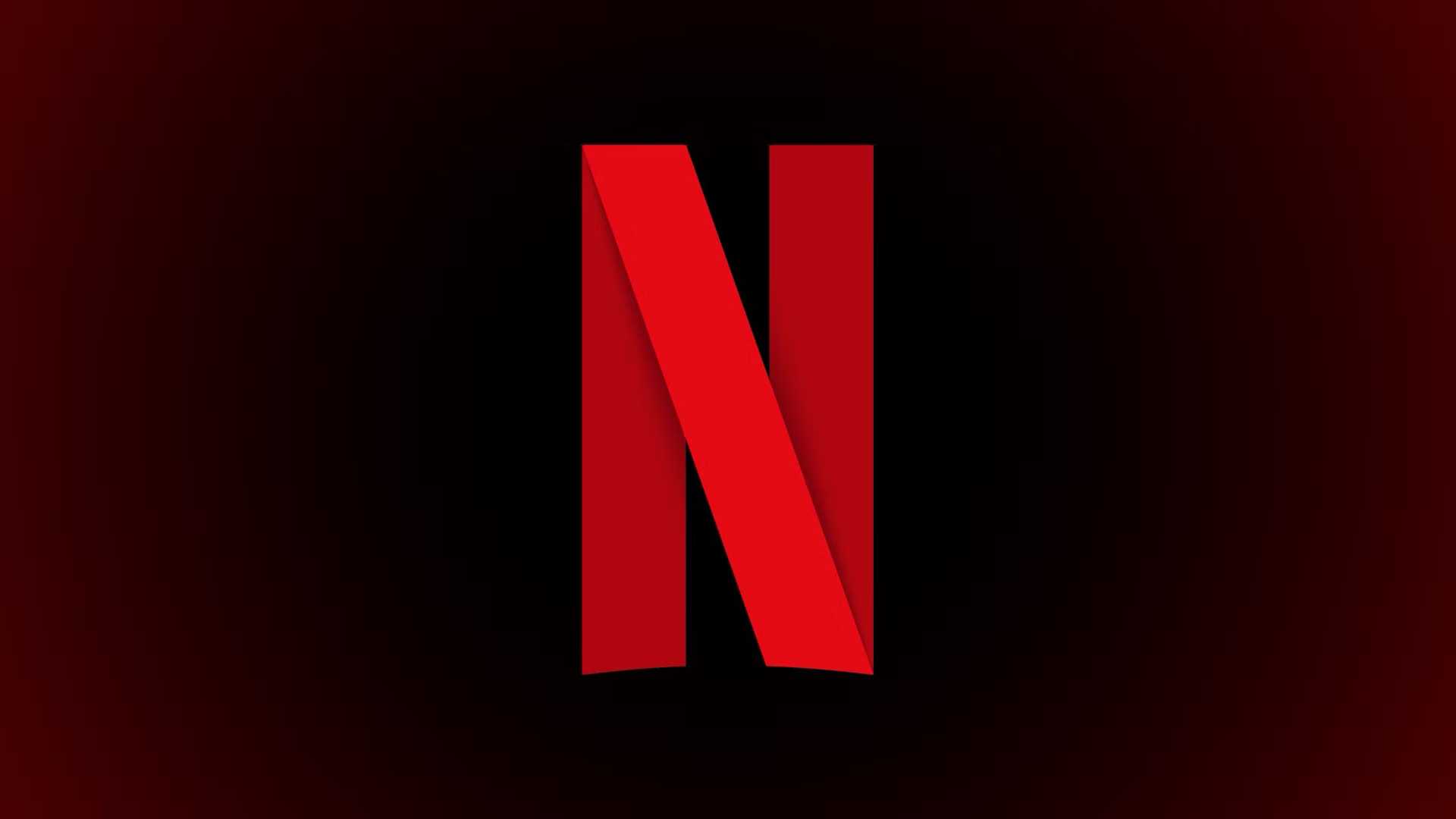 آیکون نتفلیکس روی پس‌زمینهٔ گرادیان سیاه و قرمز.