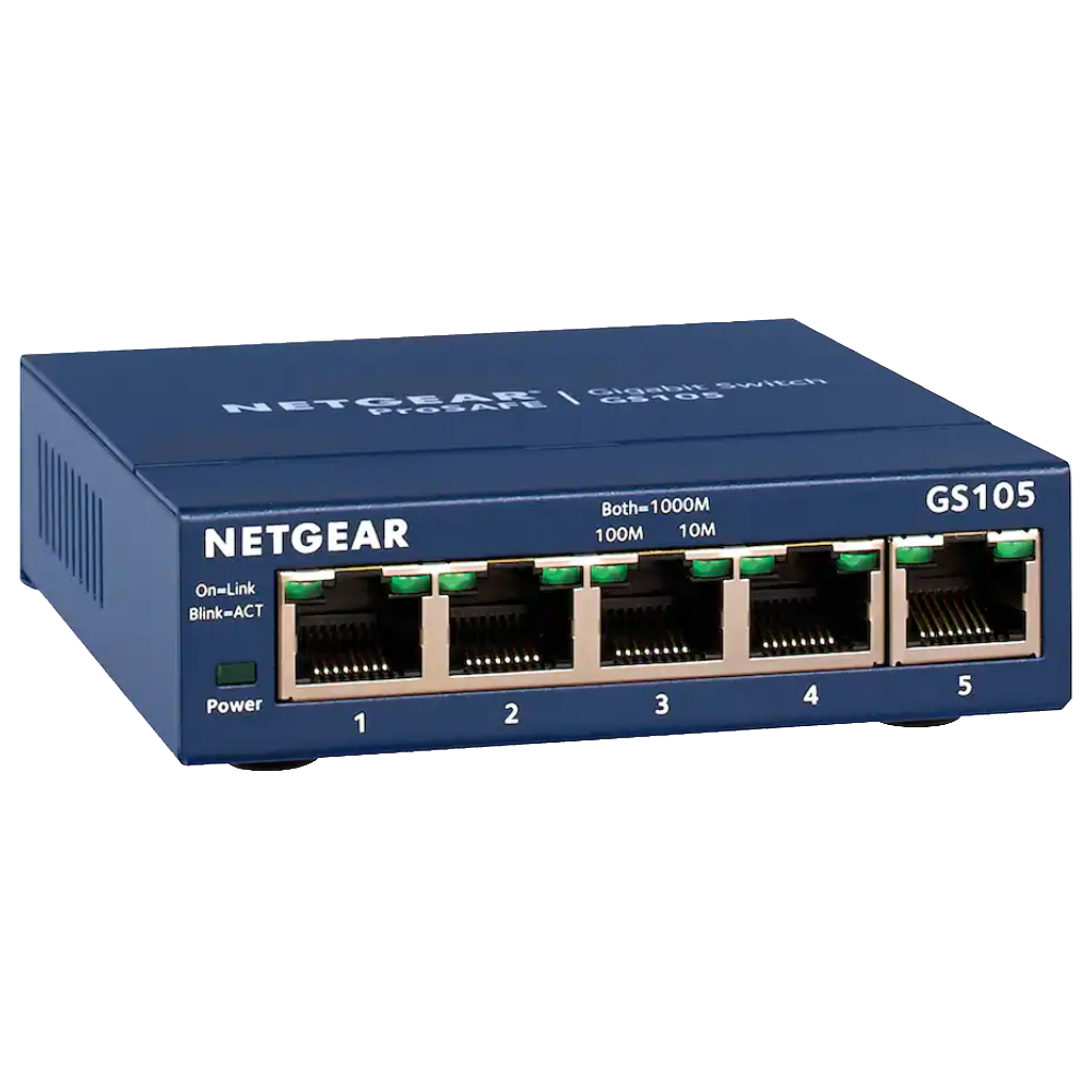 سوئیچ بدون مدیریت پنج پورت Netgear در رندر شفاف مربعی.