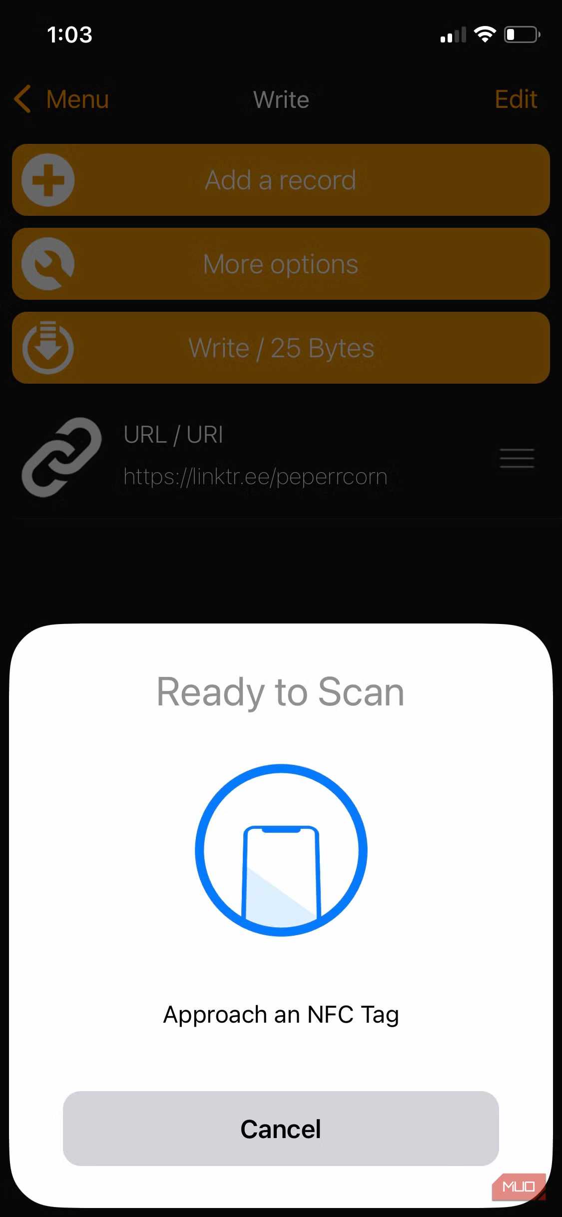 نمایش صفحه «آماده به اسکن برچسب» برنامه NFC Tools