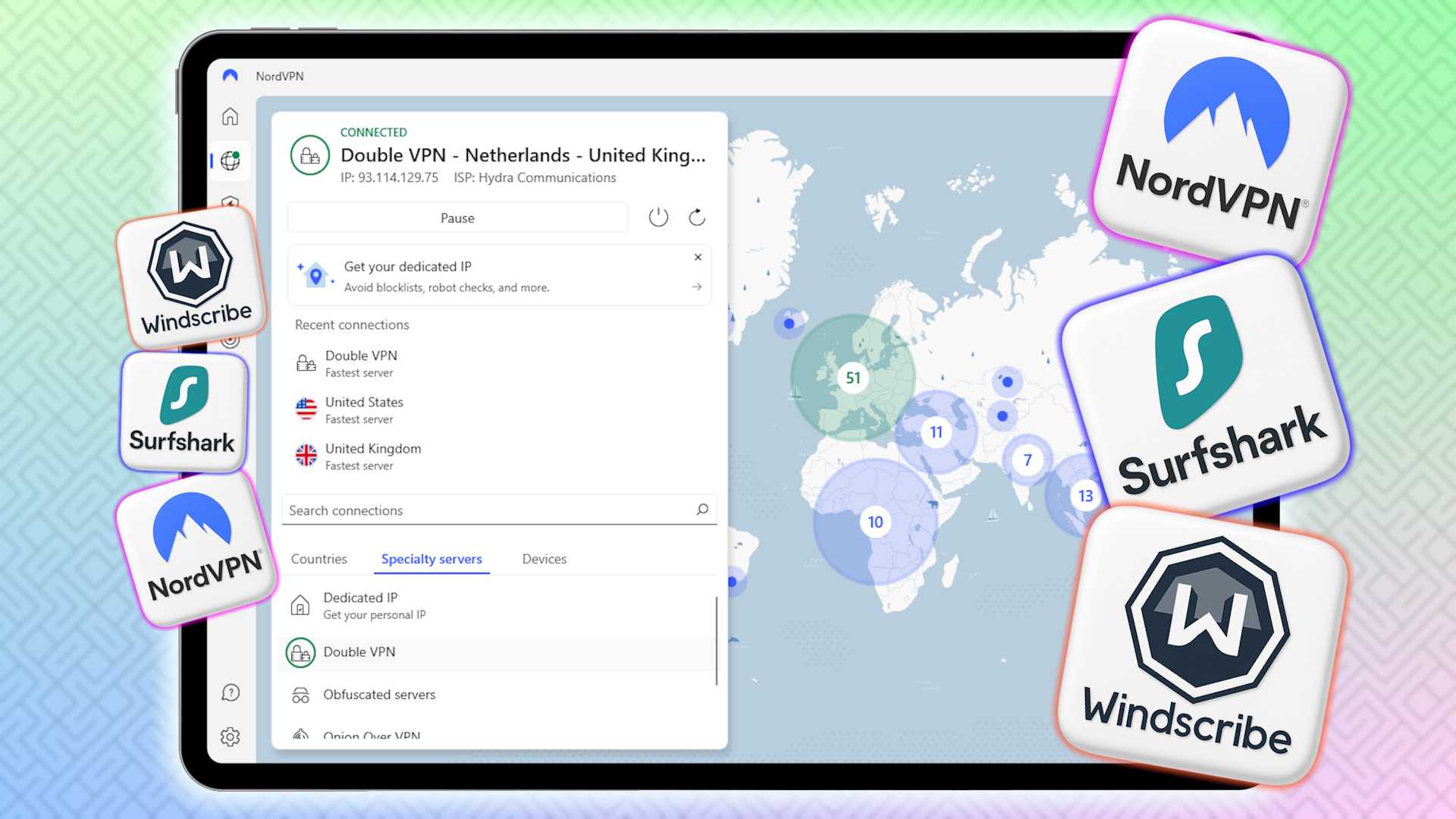 نورد‌وی‌پی‌ان دوگانه VPN روی صفحه تبلت با جعبه‌های لوگو