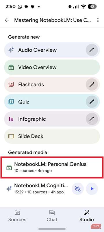 فهرست رسانه‌های تولید‌شده در NotebookLM برای اندروید، که مرور ویدیویی تازه تولید شده را نشان می‌دهد.