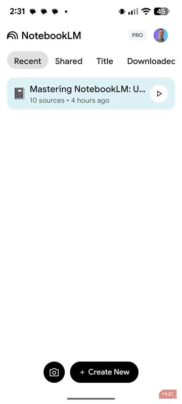 فهرست نوت‌بوک‌ها در برنامه NotebookLM برای اندروید