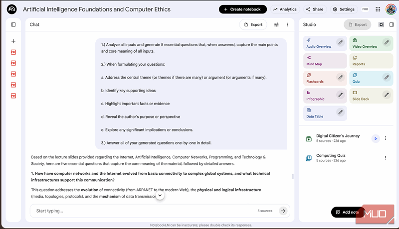 دستورات پنج سؤال NotebookLM