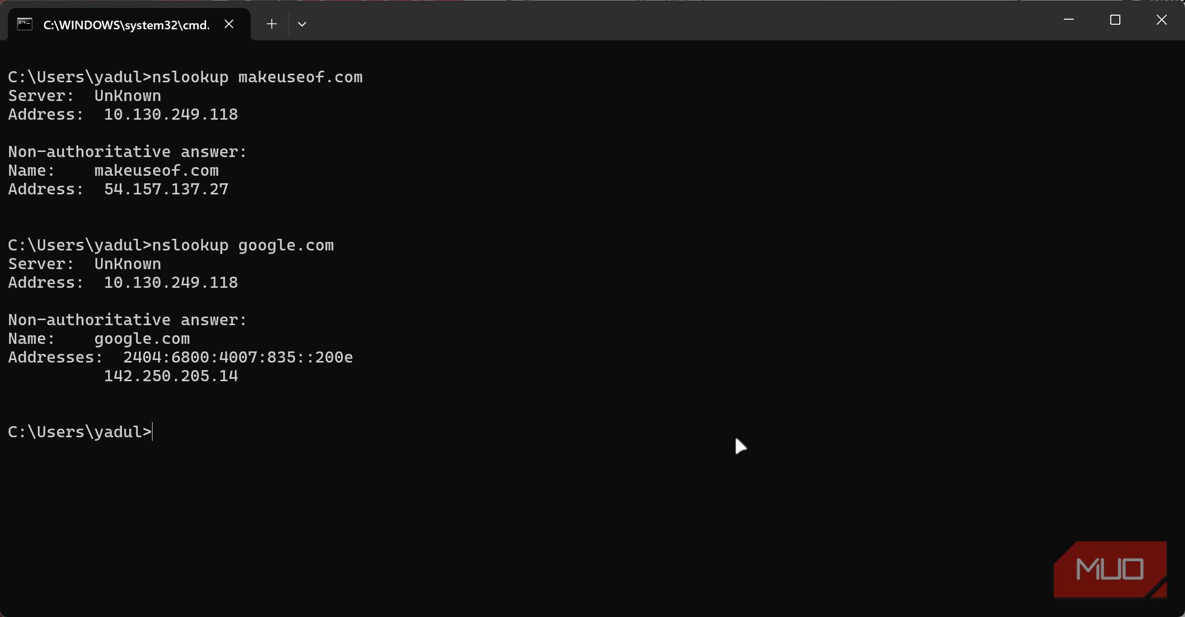 دستور nslookup در ویندوز ۱۱ در حال اجرا