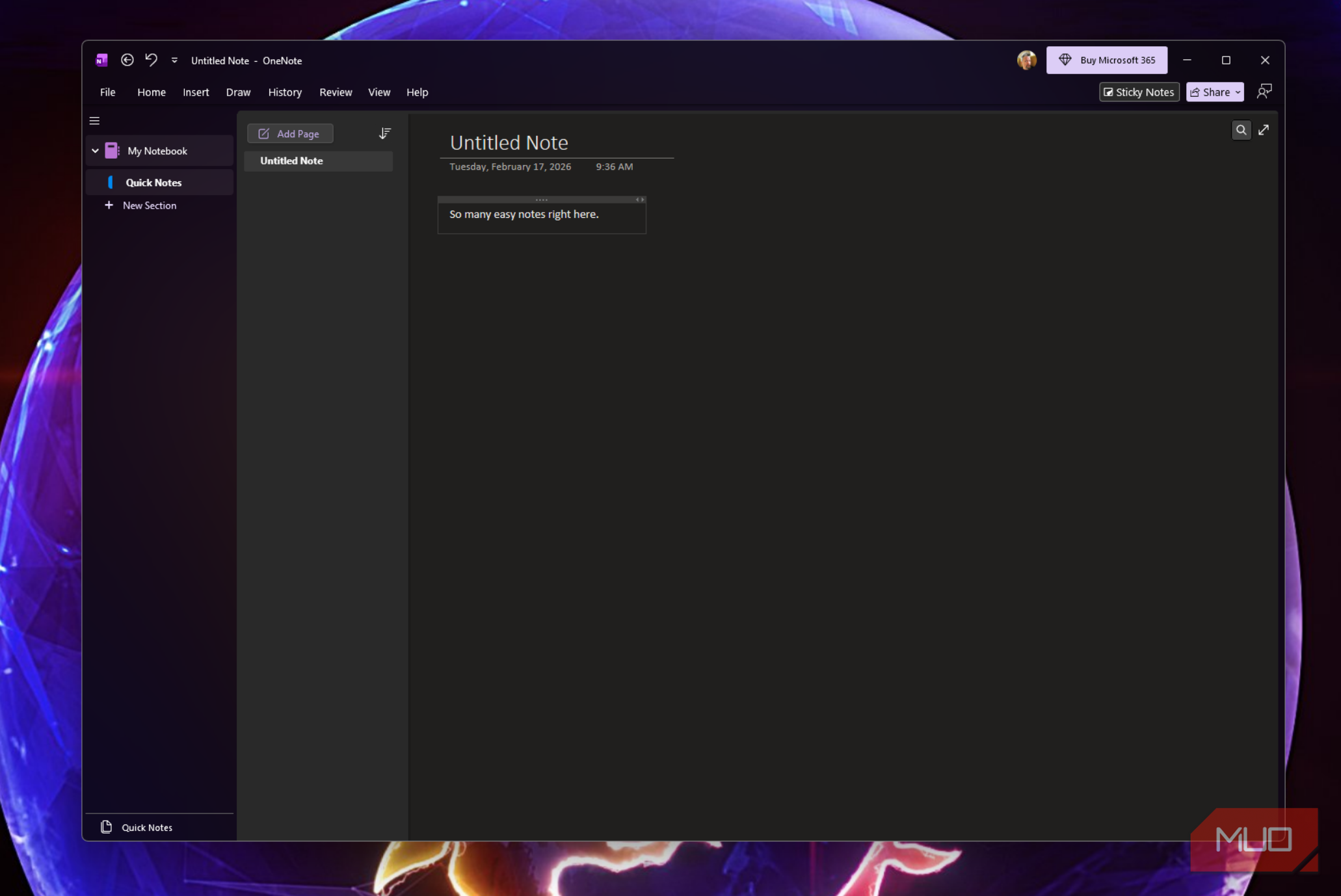 تصویر از پنجرهٔ اصلی OneNote روی دسکتاپ