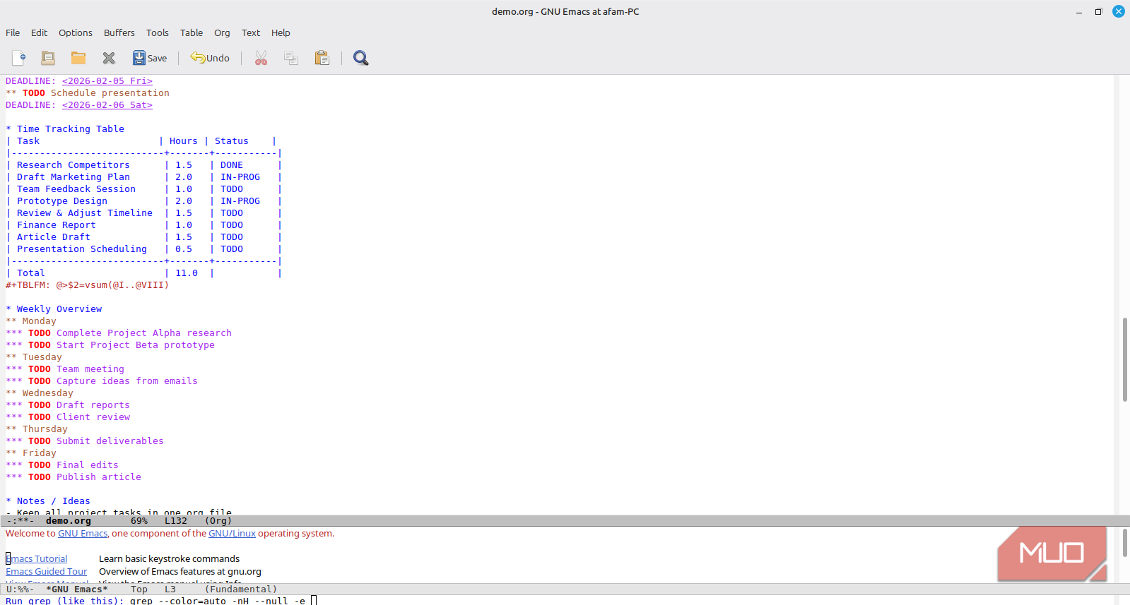 نمای کلی هفتگی فایل org