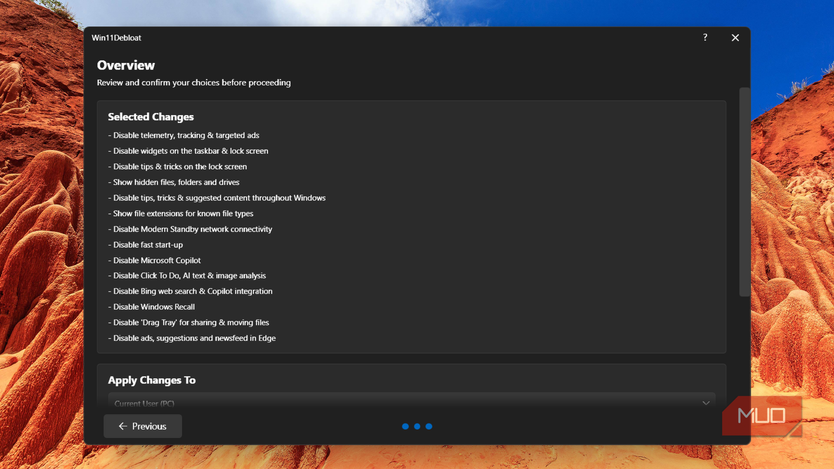 نمای کلی تغییرات انتخاب‌شده در Win11Debloat.