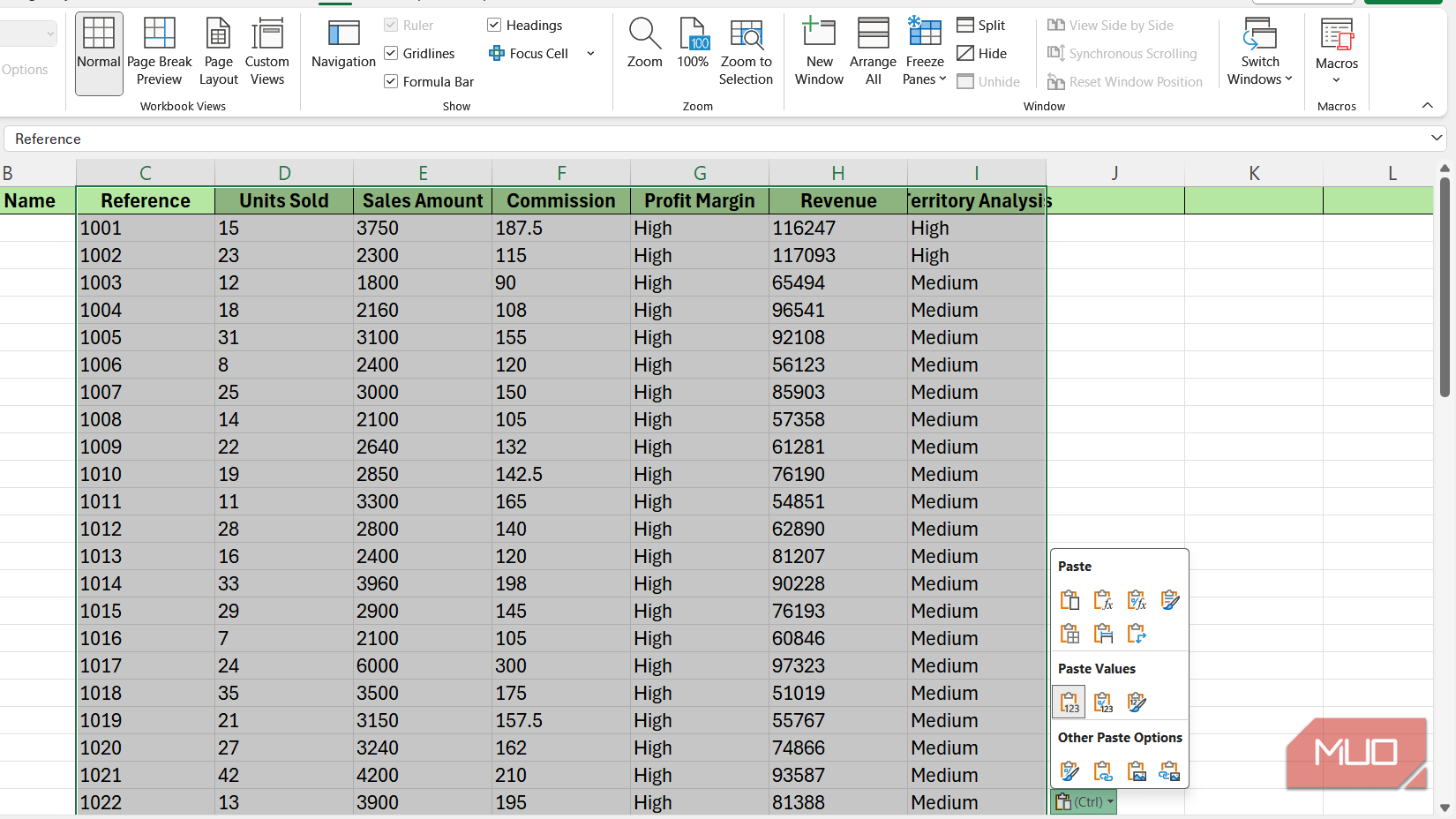 منوی چسباندن ویژه در اکسل.
