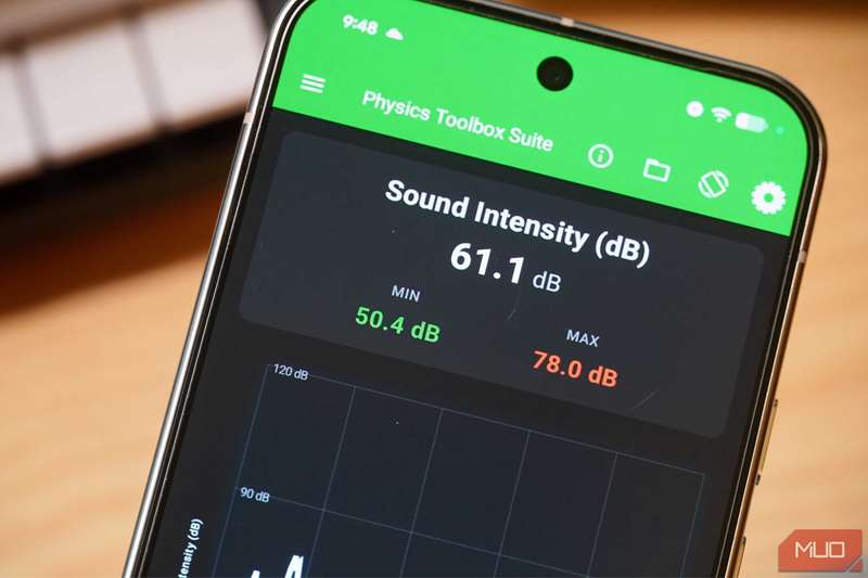 دست‌خوانی دسی‌بل‌ها بر روی یک گوشی اندروید با استفاده از برنامه Physics Toolbox.