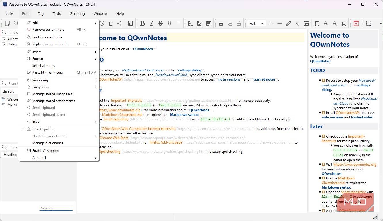 گزینه‌های ویرایش QOwnNotes