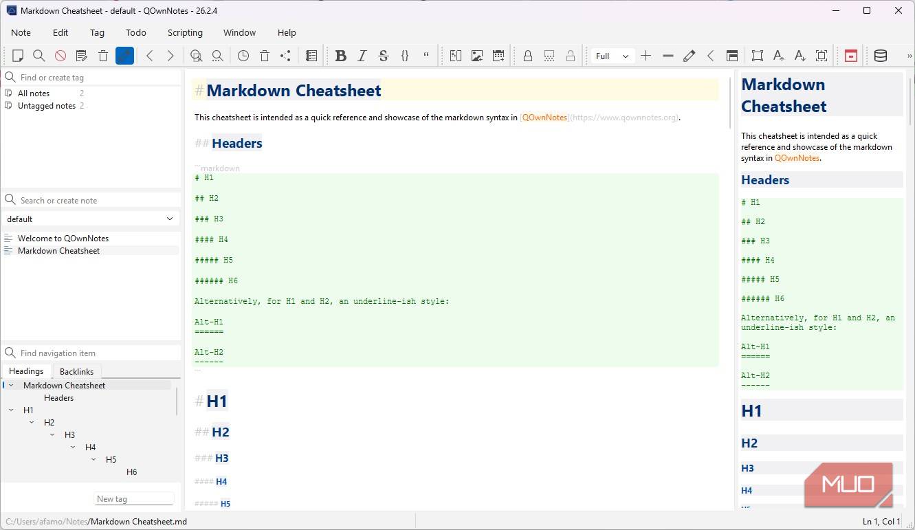 برگه تقلب Markdown QOwnNotes