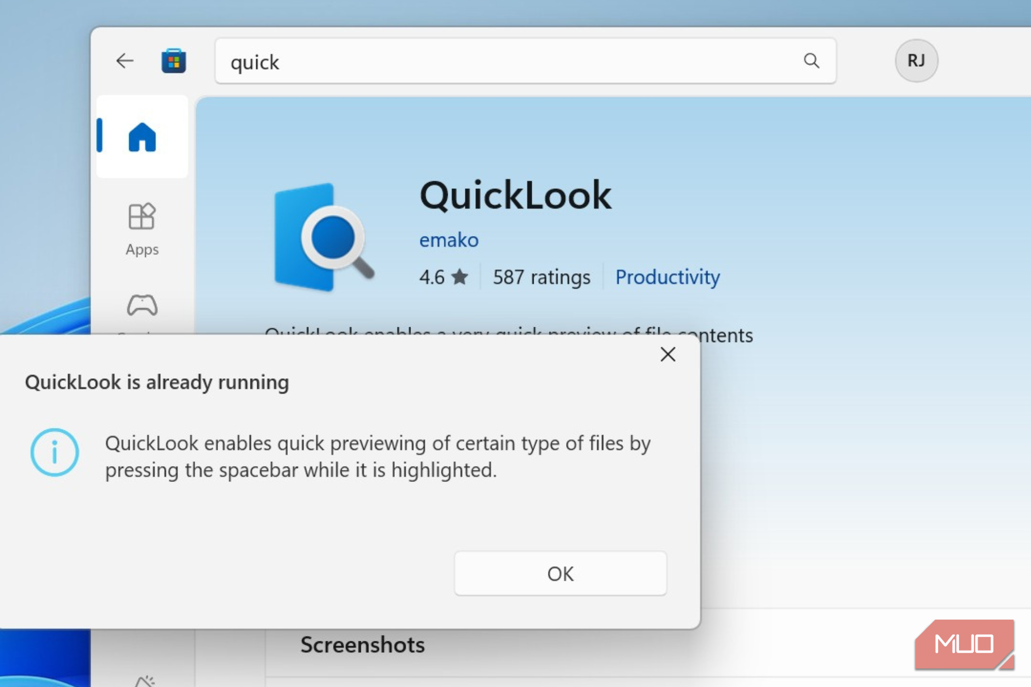 پنجره پاپ‑آپ QuickLook که قبلاً در حال اجرا است در ویندوز ۱۱