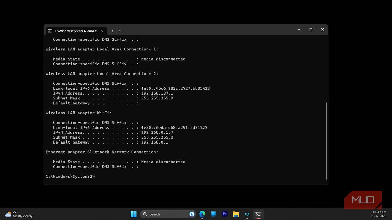 تصویر صفحه نمایش نشان‌دهنده آدرس IP داخلی یک رایانه