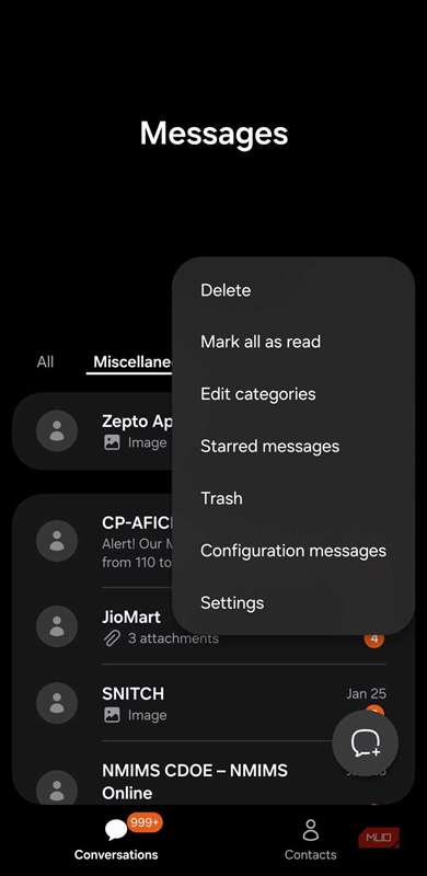 منوی برنامه Samsung Messages
