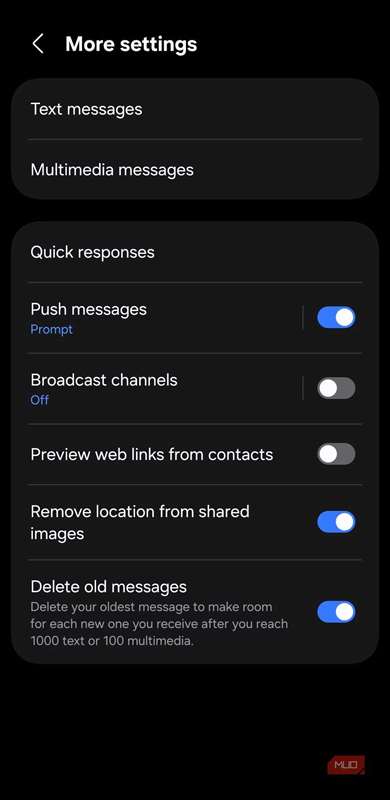 منوی تنظیمات Samsung Messages