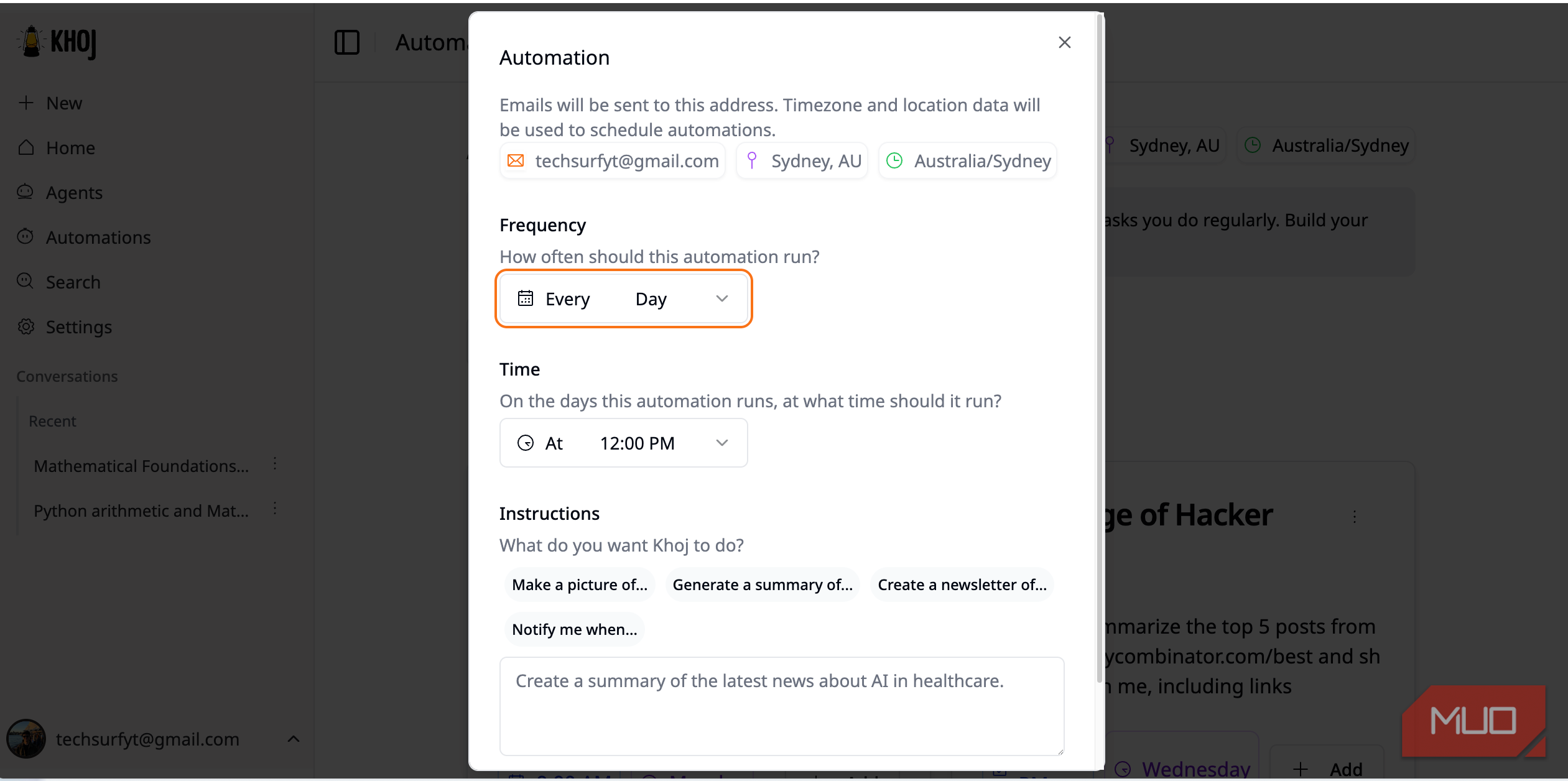 منوی ایجاد خودکارسازی Khoj AI