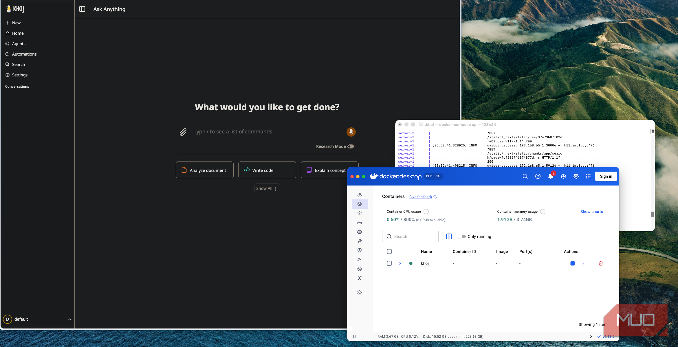 Khoj AI باز همراه با Docker و یک پنجره ترمینال