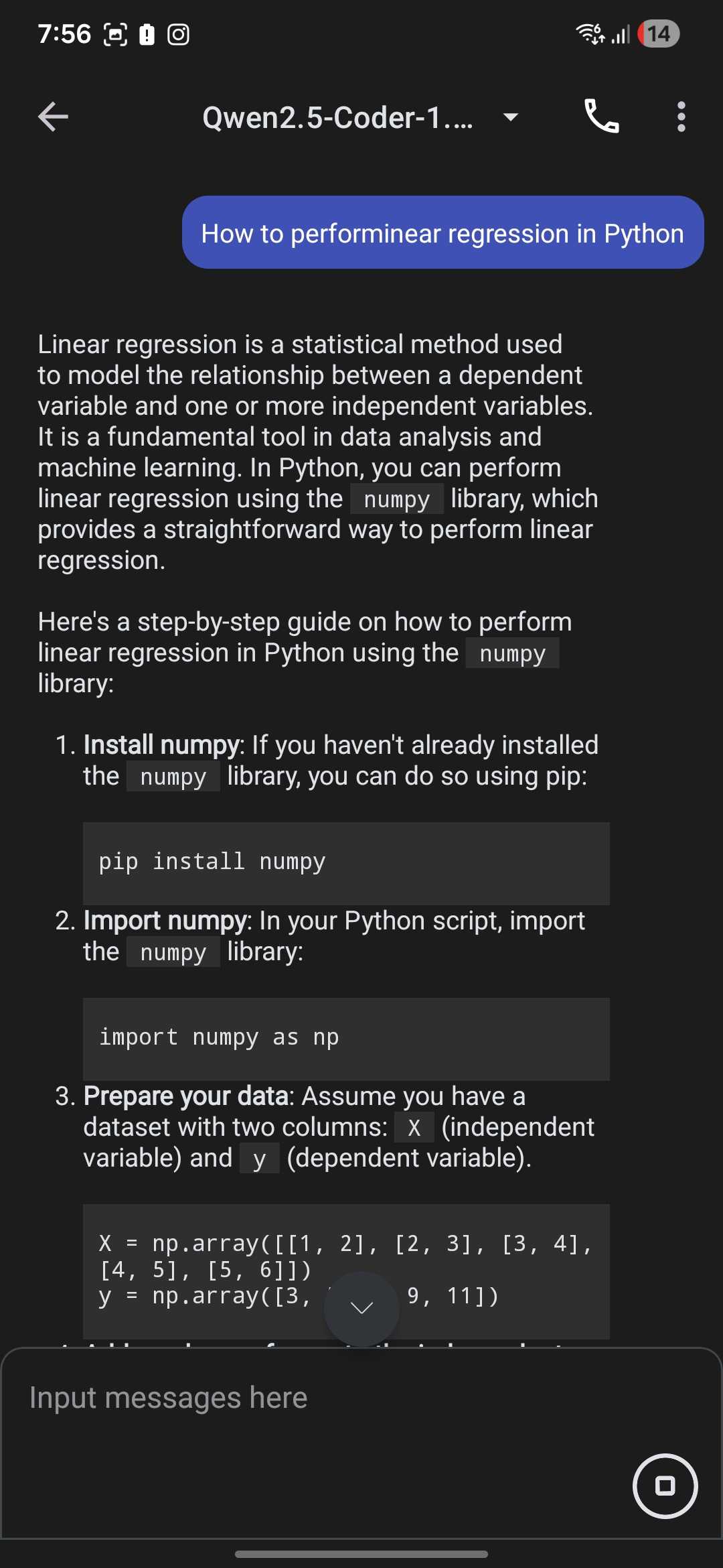 MNN Chat در حال اجرای یک مدل کدینگ