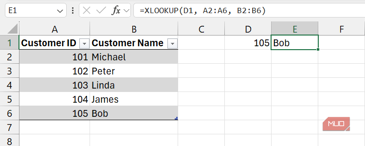 جستجوی شناسه مشتری ۱۰۵ با XLOOKUP در اکسل