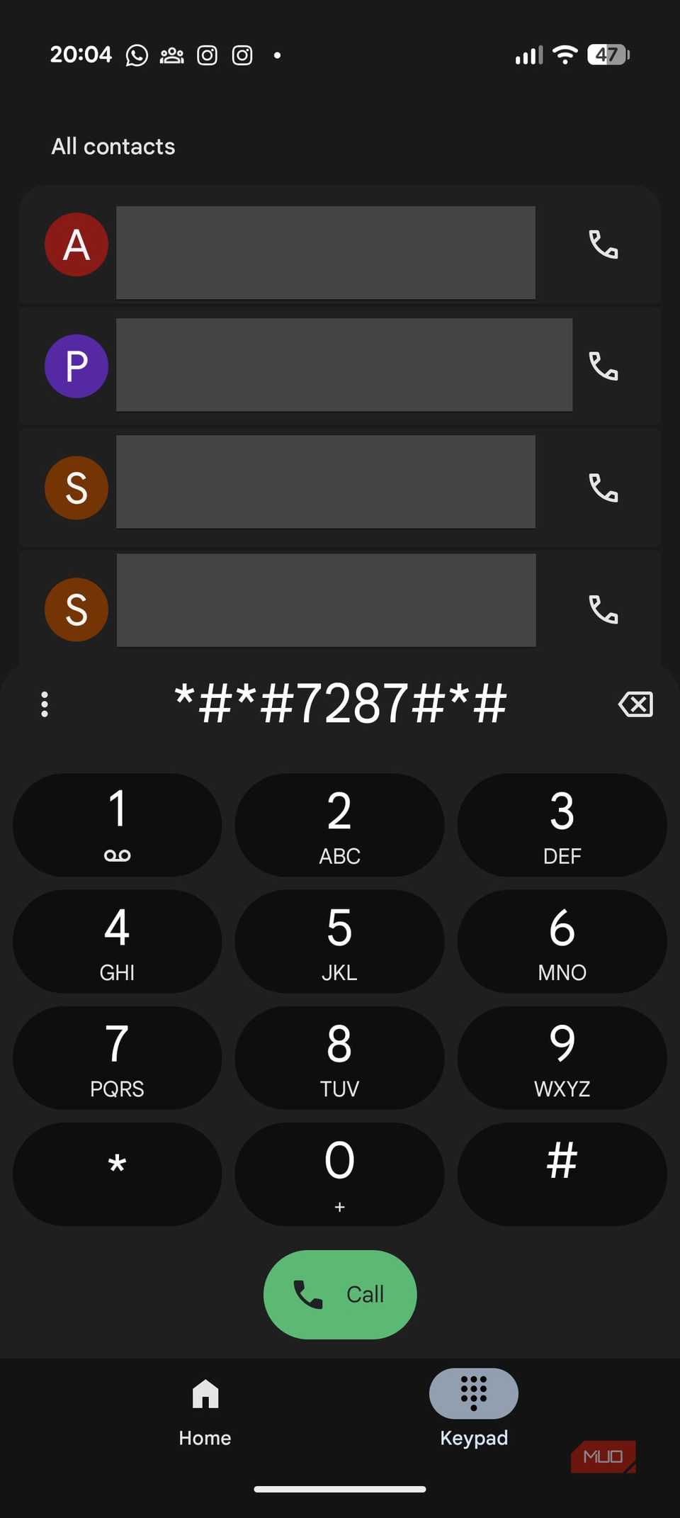 کد مخفی وارد شده در برنامه تلفن
