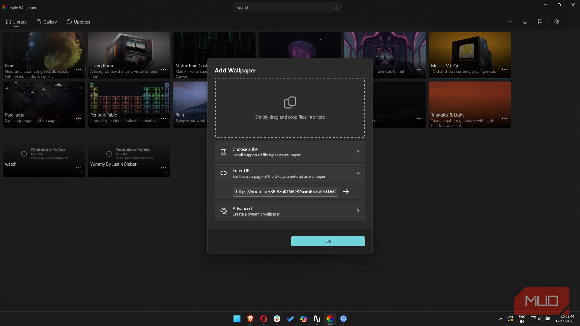 منوی افزودن تصویر پس‌زمینه در برنامه Lively Wallpaper روی ویندوز